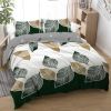 3pcs Minimalist Leaf Print Duvet Cover Set, Modern Botanical Bedding with Green & Gold Leaves, Reversible Grey Back for Adults