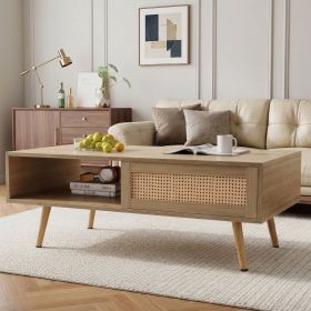 41.34" Rattan Coffee table, sliding door for storage, solid wood legs, Modern table for living room , natural