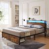 Queen Size Metal Platform Bed Frame with Wooden Headboard and Footboard with USB,Charging Station,2 Drawers,LED Lights, No Box Spring Needed