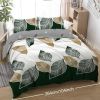3pcs Minimalist Leaf Print Duvet Cover Set, Modern Botanical Bedding with Green & Gold Leaves, Reversible Grey Back for Adults