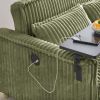 The pull-out and push-in green corduroy sofa with dual functions, equipped with a movable tabletop and USB ports