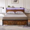 Queen Size Metal Platform Bed Frame with Wooden Headboard and Footboard with USB,Charging Station,2 Drawers,LED Lights, No Box Spring Needed