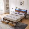 Queen Size Metal Platform Bed Frame with Wooden Headboard and Footboard with USB,Charging Station,2 Drawers,LED Lights, No Box Spring Needed