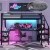 Metal Queen Loft Bed with Wardrobe and LED Light, Queen Size Loft Bed with L Shaped Desk and USB for Kids Teens Adults, Black(Old SKU W2593S00043