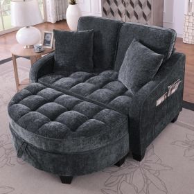 Sofa with Sleep Function, Small Sofa, Chaise Longue, 2-in-1 Sofa Bed Storage Stool & 4 Cushions, for Small Living Room (Color: Dark Gray)